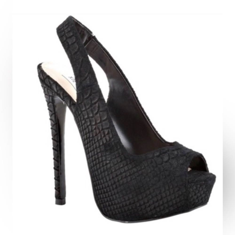 Steve Madden Aidn Black Snakeskin Peep-Toe Slingback Platform Stilettos Size 9 - Picture 2 of 10